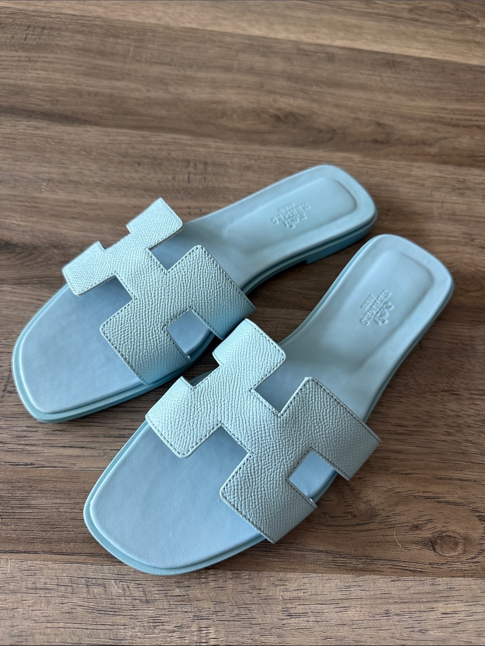 Hermes Pale Blue Oran Leather Slide Sandals